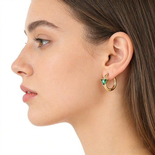 Stainless Steel Triangular Red and Green Transparent Zircon PVD 18K Gold Hoop Earrings for Women Jewelry Earrings
