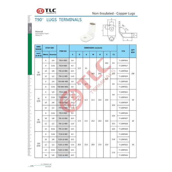 50-120mm2 TLC -40-105C Lug Cable Connectors 90D Tube Terminal Lugs Copper Tubular Lugs