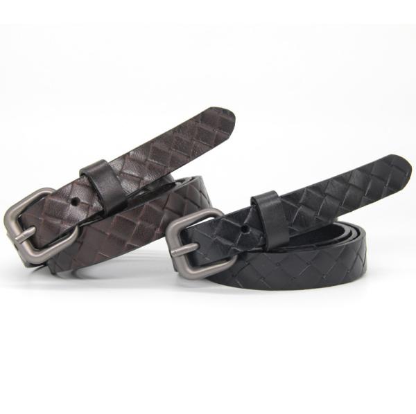 Ladies Genuine Leather Skinny Belt Embossing Fake Braiding Pattern
