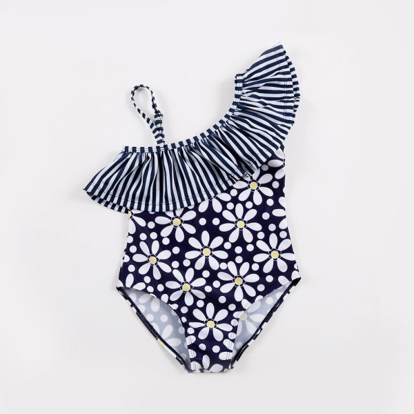 Kid's Navy flower print one shoulder swimwear one piece swimsuit