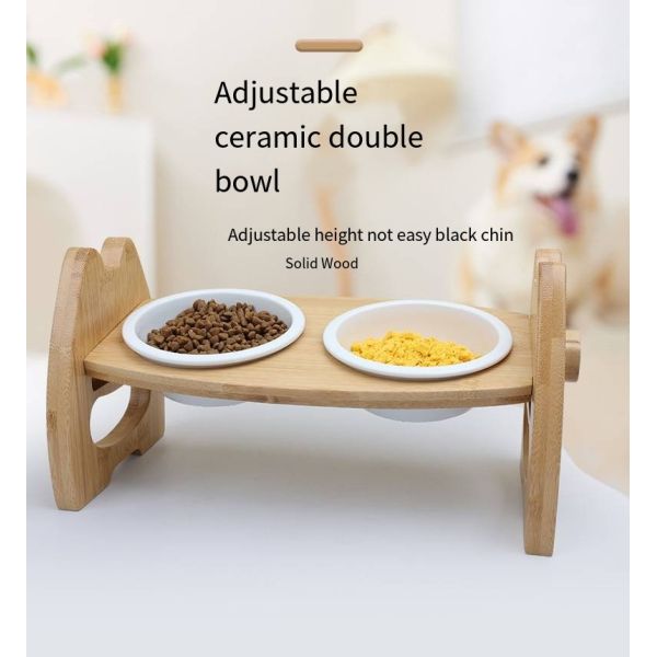 Bamboo Ceramic Bowl Cat Food Rack With Adjustable Height Double Pet Bowl Pet Supplies