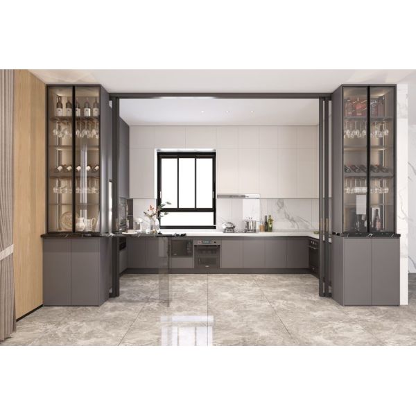 Gray And Off-White Stainless Steel Kitchen Cabinet With Double Wine Cabinet