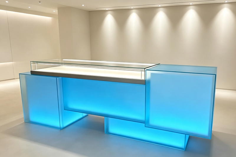 Modern LED Blue Frosted Glass Reception Display Counter Custom For Jewelry Boutique