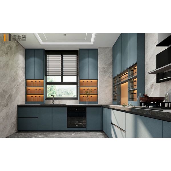 Cabinetes de cocina de acero inoxidable modernos con estantes abiertos de acabado azul