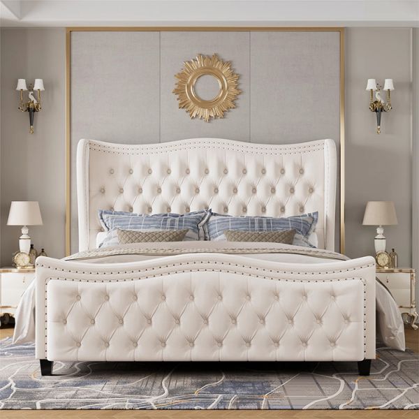 Kainice Luxury White Velvet Upholstery Deep Button Headboard for Queen Beds Shelter Side Wavy Tufted Design Bed Frame