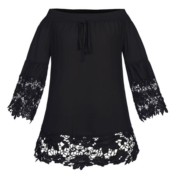 sexy flounce off shoulder lace trim chiffon ladies' black and white  tops wholesale women blouse with elastic band
