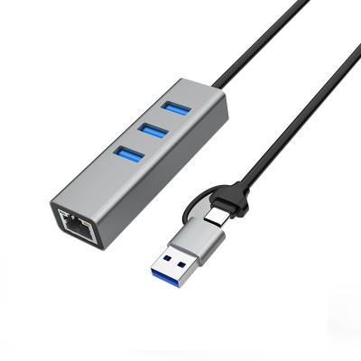 Dual interface USB3.0 USB A HUB Adaptateur Ethernet RJ45 avec câble USB de prolongation de 60 cm