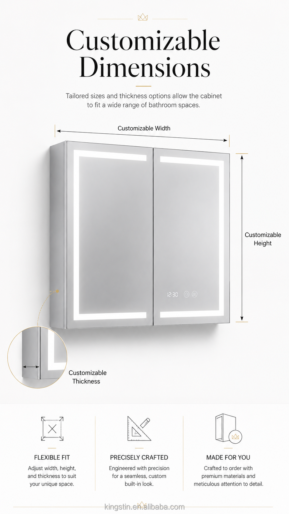 Kingstin Custom LED Bathroom Mirror Cabinet Aluminum Smart Medicine Cabinet with Defogger Clock Touch Light