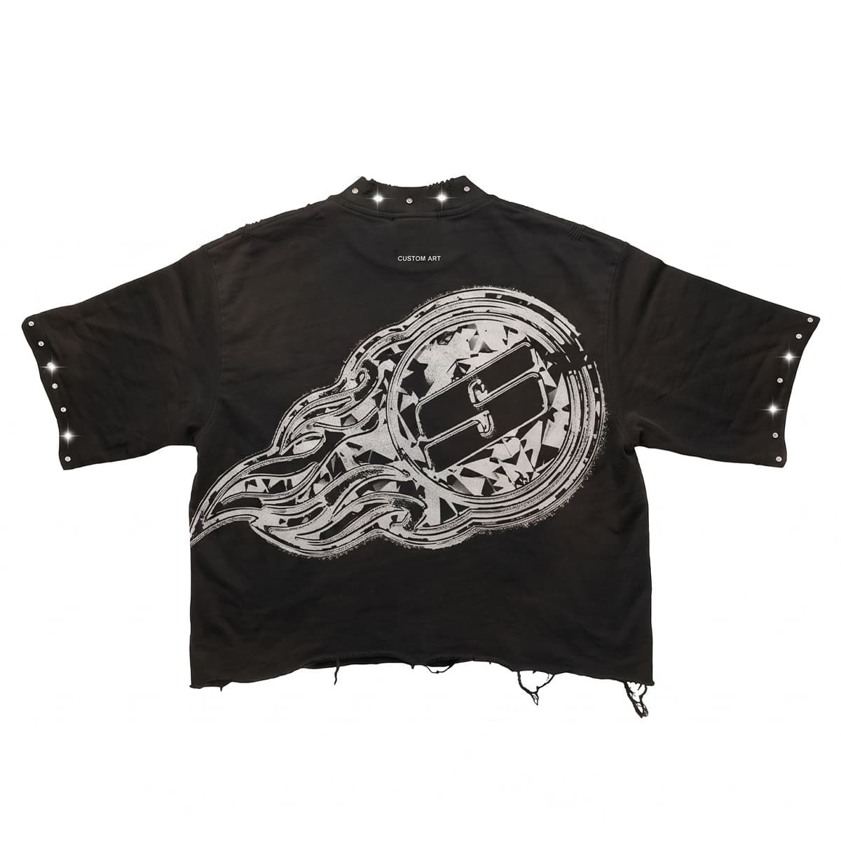 Custom Distressed Oversized Boxy Fit Graphic Tee with Rhinestone Embellishments