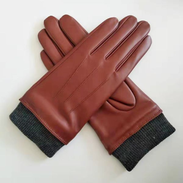 Fashion Knitted Cuffs Womens Soft Leather Gloves Eco - Friendly Red Color
