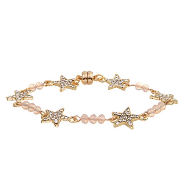 Women Custom Six Star Crystal Beads Bracelet Gold Plated With Magnetic Buckle