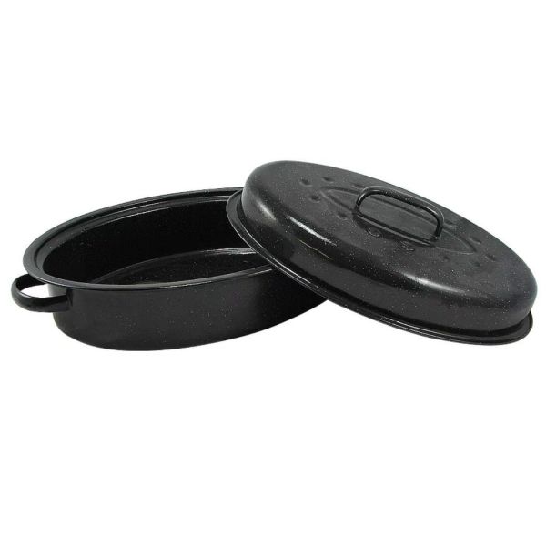 Black Handmade Enamel Oval Roasters With Stainless Steel Rack Customized Logo