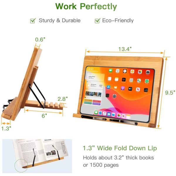 Bamboo Book Stand Cookbook Holder Desk Reading Foldable and Portable Kitchen Wooden Cooking Bookstand