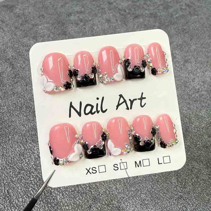 Reusable French Nail Art Handmade Fake Nails Pink & Black Rhinestone Design