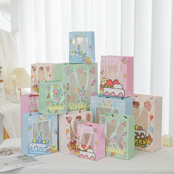 Bolsa de compras de papel con lazo para cosméticos, bolsa de regalo multicolor para embalaje, bolsa de compras de ropa con impresión de logotipo