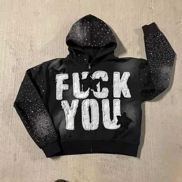 Custom Applique Embroidery Distressed Hoodie Rhinestone Zip Up Jacket Acid Wash Vintage Washed Men Fleece Streetwear Hoodie