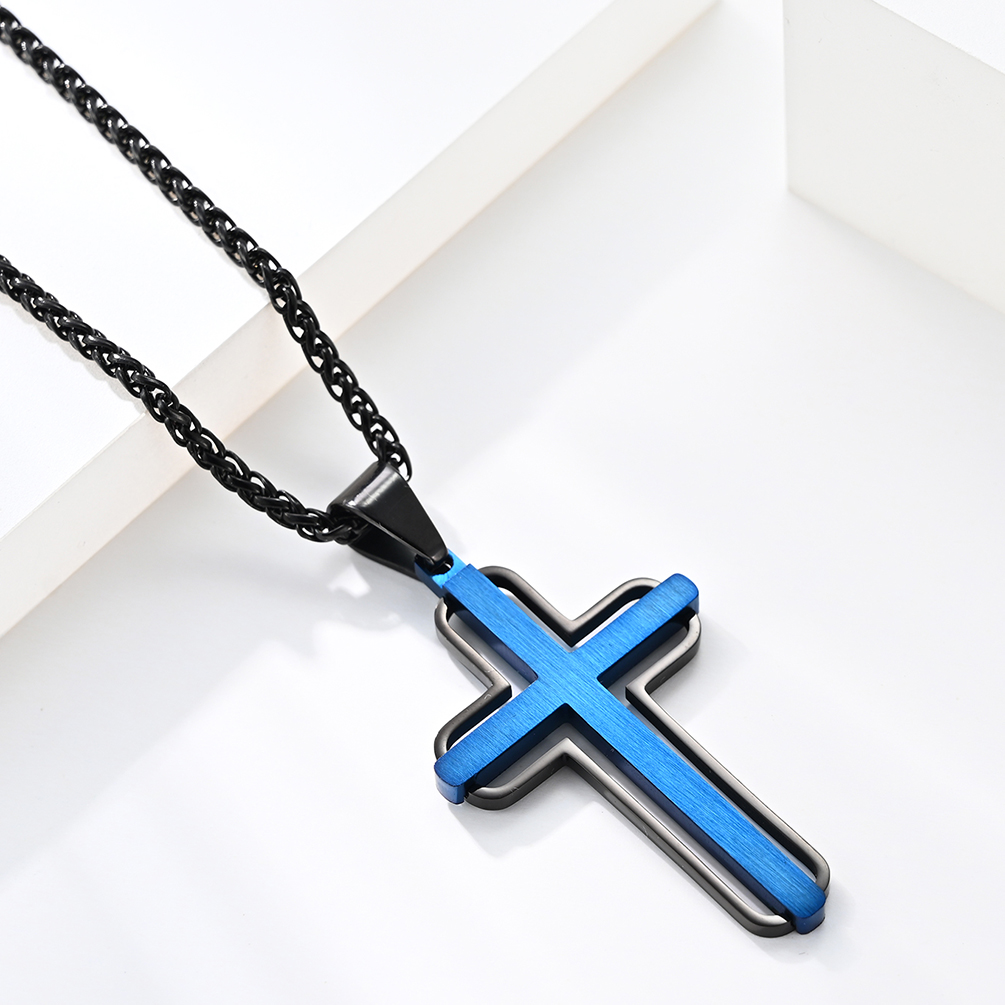 Vente à chaud Croix pendentif bleu et rose or Choker de prière métallique pour hommes Colliers en acier inoxydable Joyaux fin