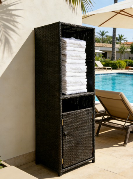 Stationary Natural Woven Rattan Towel Hamper with Storage Bin Organizer for Bathroom Poolside and Spa