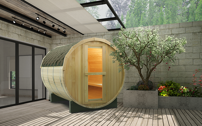 Red Cedar Wood Fired Barrel Sauna Room Barrel Shaped 2 - 4 Person