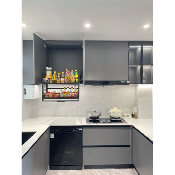 Wood Grain Laminate And White Finish Color Mixed Kitchen Cabinet