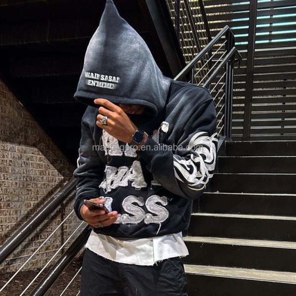 Vintage Sun Faded Acid Wash Distressed Patch Applique Embroidery Cropped Hoodie Men Crop Top Sweatshirt