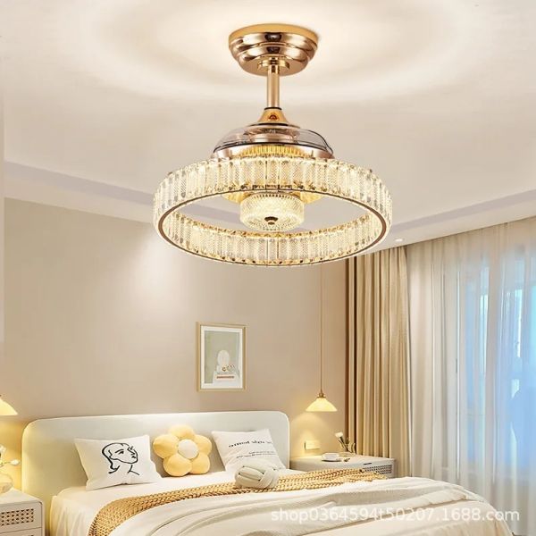 Retractable Blade Modern Folding Fan Light Remote Control Chandelier LED Invisible Ceiling Fan Crystal Light (WH-VLL-29)