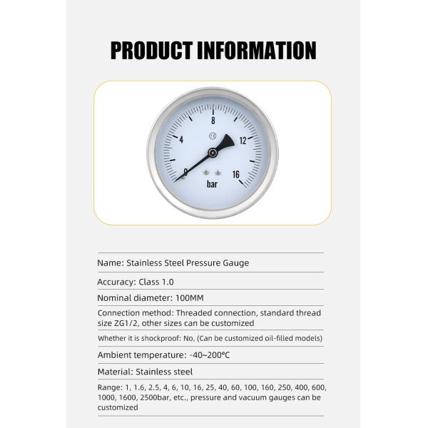 OEM Supported Universal 100mm 1.6% Full ss Manometer Pressure Gauge for Gas and Liquid