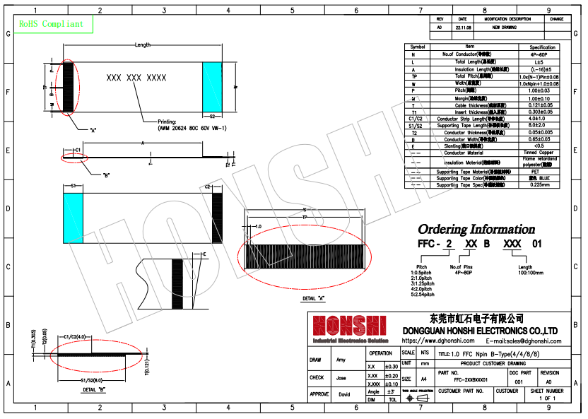 Conectores Flex Flat AWM 20624 0.5mm Pitch 4 Pin Flexible Flat Ribbon Cable Asamblea