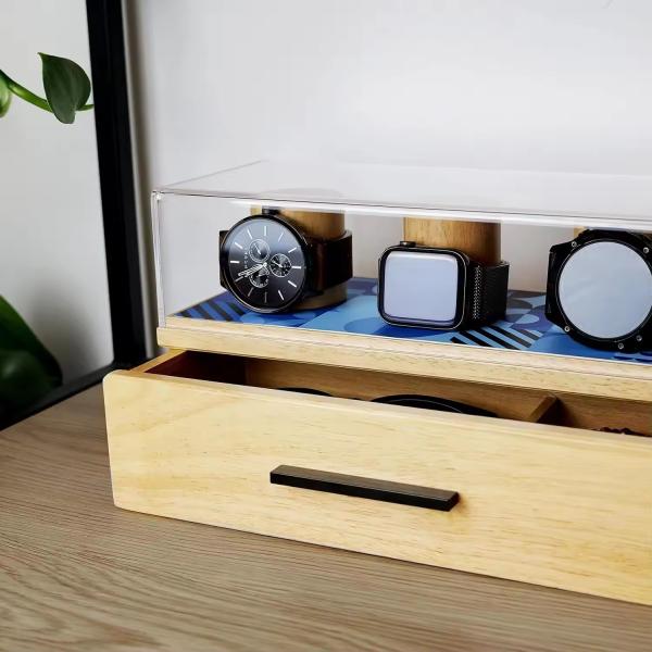 Vintage Customized Watch Storage Case Clear Acrylic Cover Watch Wooden Drawer Box