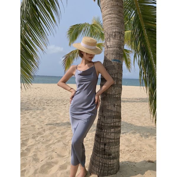 Satin Sling Strap Women's Beachwear Dresses 125cm Sleeveless