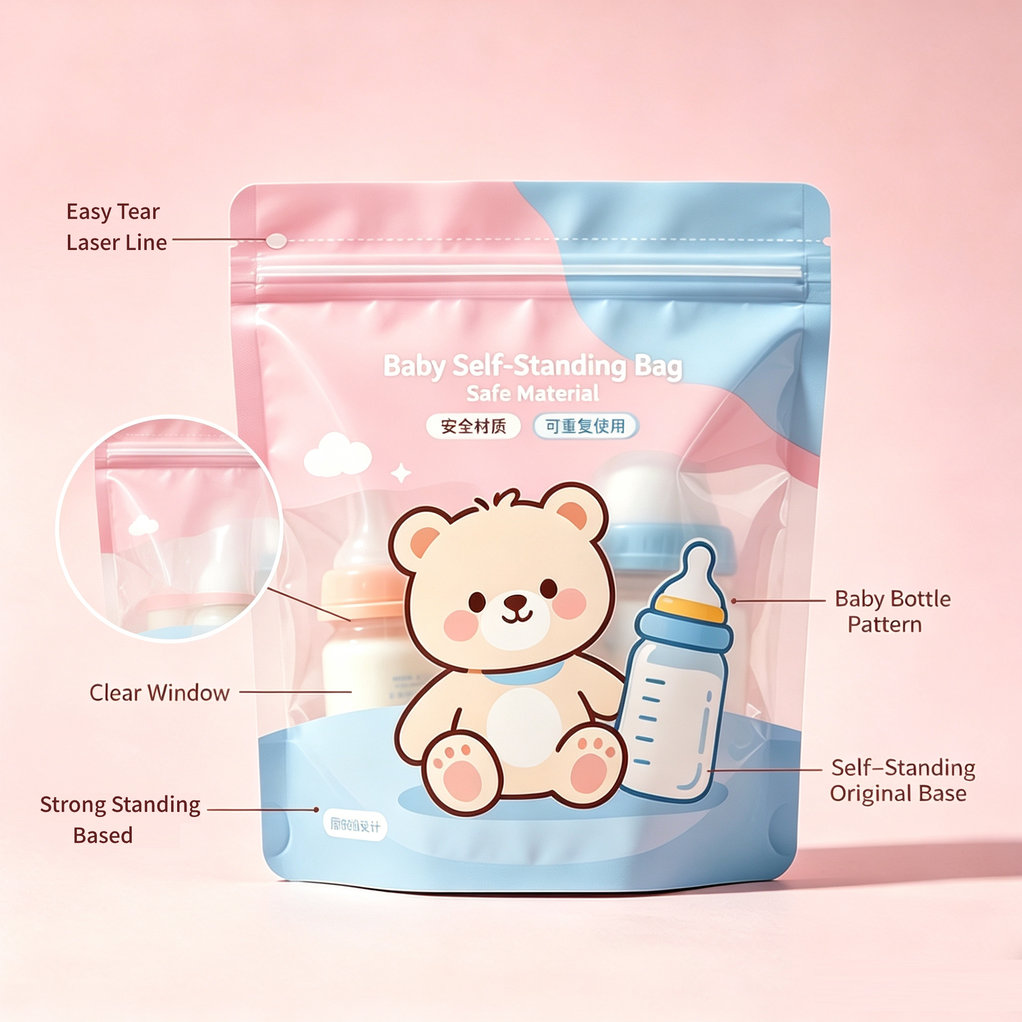 Custom Printed Stand-Up Zipper Pouches For Baby Snacks, Milk Powder & Dry Foods | Food Grade Resealable Stand Up Zip Bags OEM Cartoon Printing
