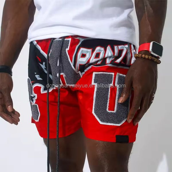 Custom Chenille Embroidered Logo Wholesale Stripe Fitness Clothing Gym Sport Wear Mesh Workout Shorts Free Sample for Men
