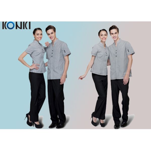Trendy Restaurant Uniforms For Restaurant Staff / V Neck Shirt And Pants