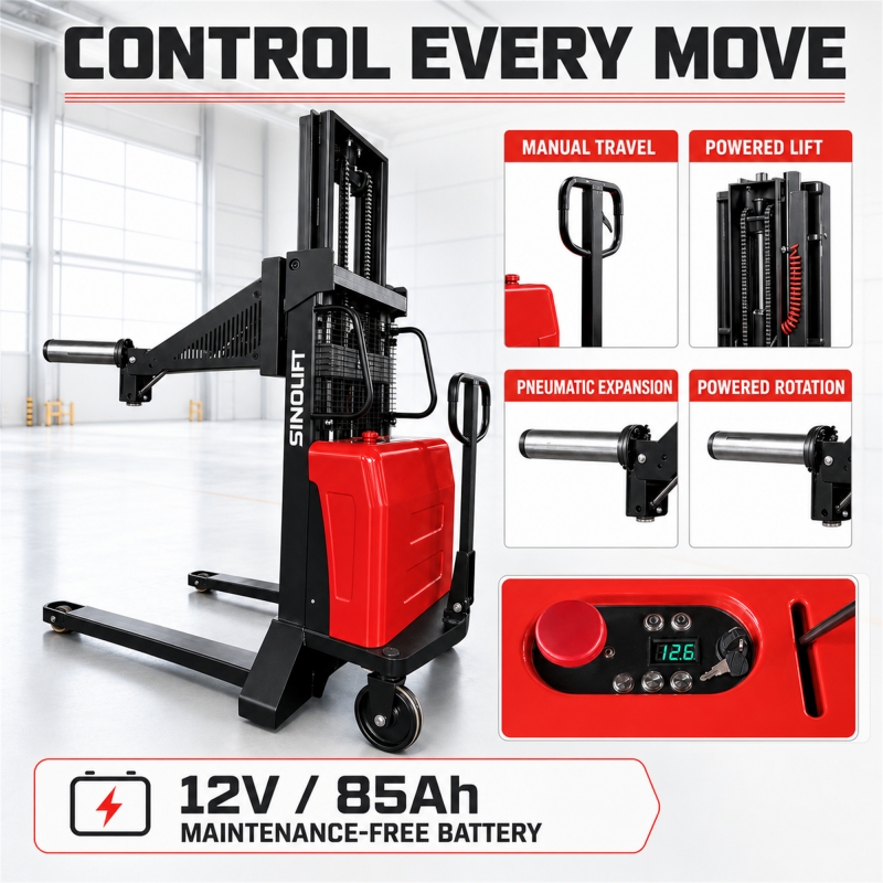 SINOLIFT Semi-Electric Roll Lifter with Pneumatic Expanding Mandrel