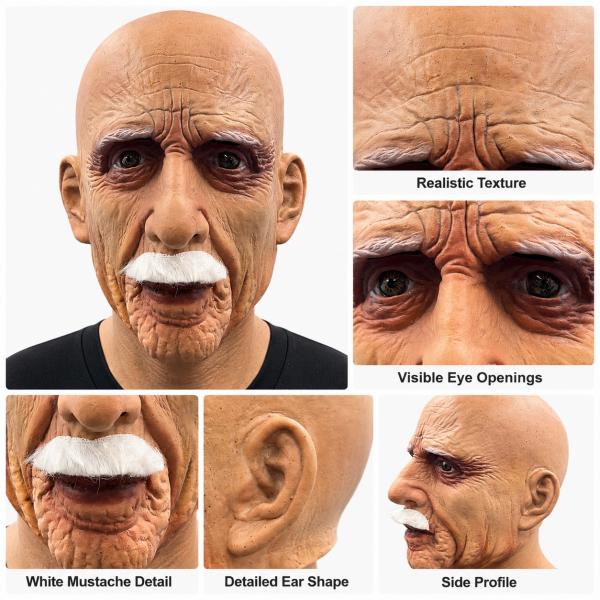 Bald Old Man Latex Full Head Mask with White Mustache, Realistic Wrinkles, Aged Skin Texture, Detailed Ear Shape and Visible Eye Openings for Halloween Party Cosplay Costume