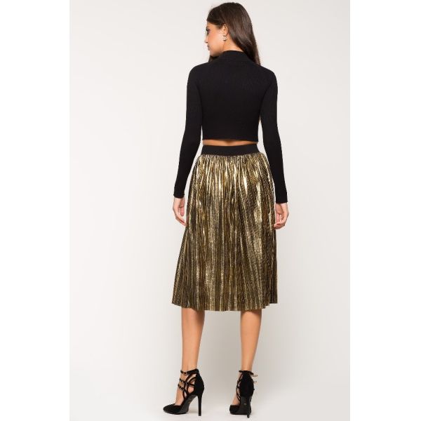 Knee Length High Waist Maxi Skirt Women Ladies Pleated Metallic Casual Design Fashion