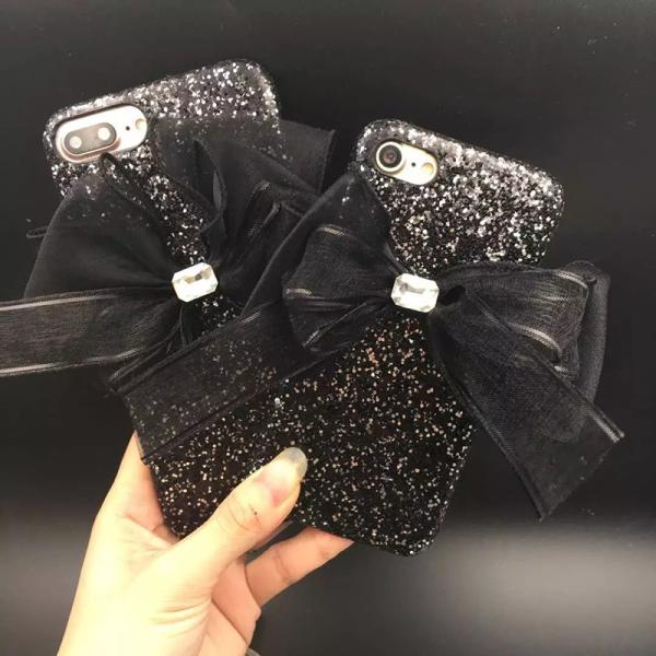 Korea Style Glitter Back Cover Big Black Yarn Bow Pasted Cell Phone Case For iPhone 7 6s Plus
