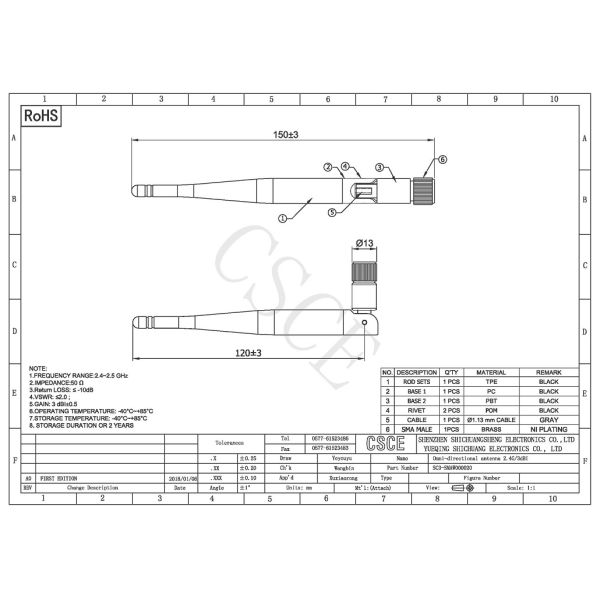 Fordable 3dbi Omni Directional Antenna Return Loss ≤-10dB Frequency Range 2.4-2.5GHz