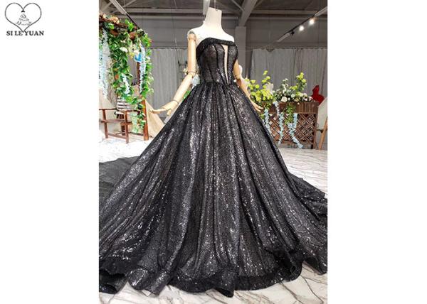 Black Custom Beautiful Sparkly Prom Dresses Strapless Bust Hollow Shining Beads
