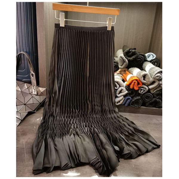 Women's New Style Casual Pleated Skirt Solid Color Simple Design with Elastic Waist for Commuting for Summer