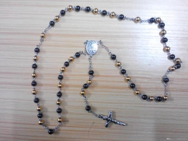 316L Stainless Steel Saint Praying Rosary Beads Ball Chain Necklaces With Jesus Cross