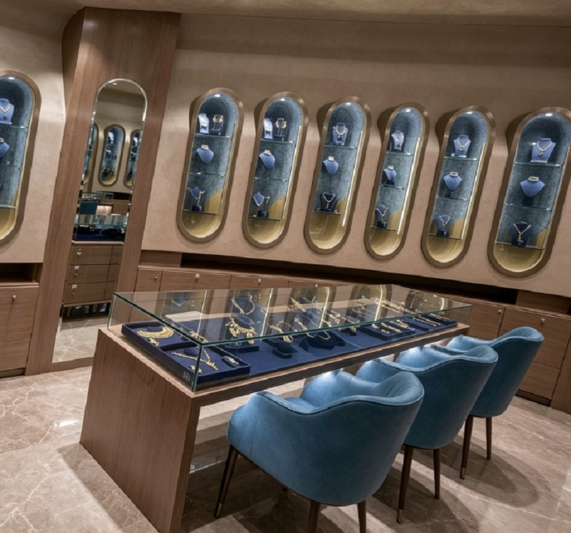 Luxury Walnut Wood & Navy Blue Jewelry Store Interior Design, Complete Turnkey Fixture Package with Arched Wall Showcase