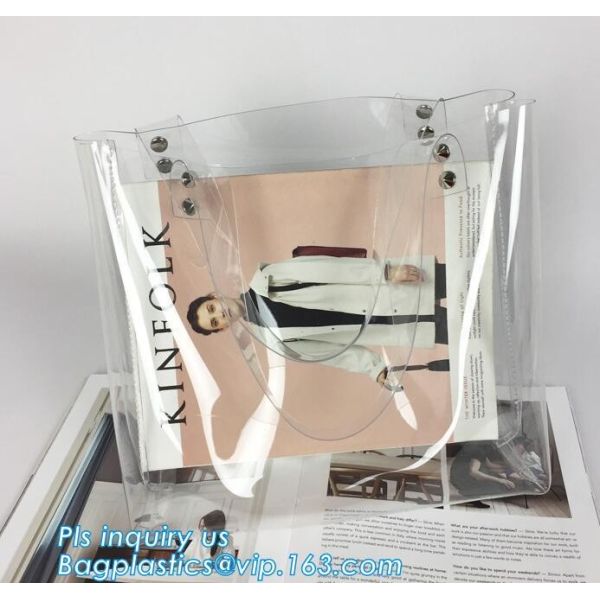 Tote Bags PVC Beach Lash Package Tote Shoulder Bag with Interior Pocket, Waterproof Semi-clear Tote Bags Stripe PVC Shou