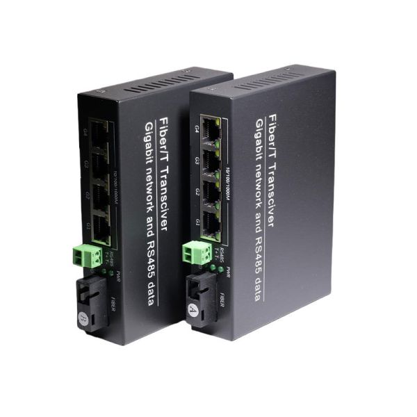 Fiber Transceiver 1 Channel Bi-Directional  RS485 Fiber Optic Converter with 4 Gigabit Ethernet Port