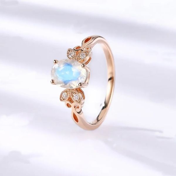 Стерлинговое серебряное розовое золото 925 1 кольцо Moonstone радуги кольца венчика цветка карата