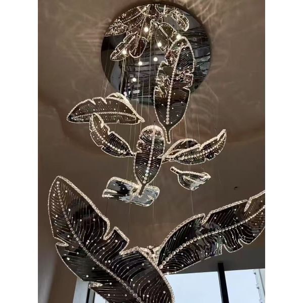 Luxury Crystal Feather Chandelier Modern Leaf Pendant Light for Staircase & Villa
