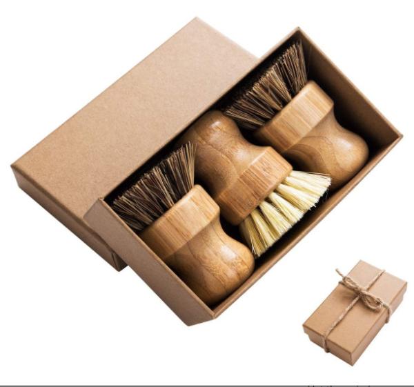 3.15in Round Kitchen Scrub Brush Set 3pcs Bamboo Pot Brush 8cm Air Dry