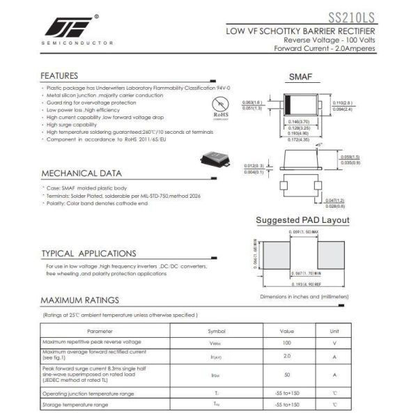 Alloy Structure SS210LS Low VF Schottky Diode in SMAF Package for SMD Circuits