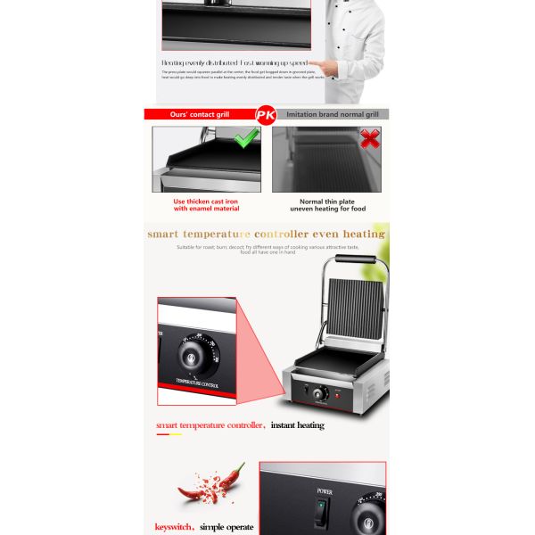 Powerful Electric Burger Grill with Thicken Cast Iron Surface Top Grooved/Bottom Flat