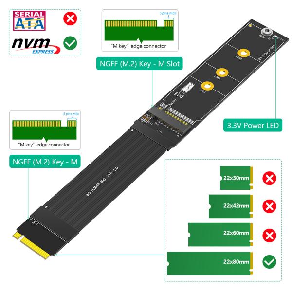 バージョンアップ 180度 NGFF M.2 M-Key NVME SSD拡張ケーブル 3.3V パワー LEDステータスライト